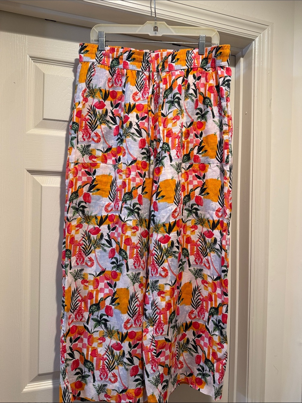 NWOT LINEN C&C California Wide Leg Elastic Waist Ankle Length Tropical Fruit L